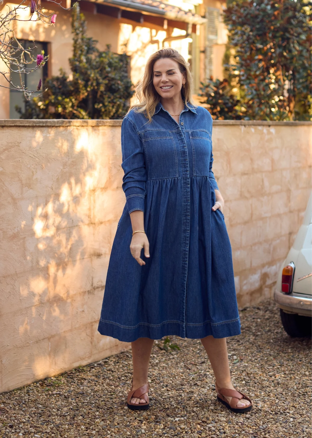 HARPER LONG SLEEVE DENIM SHIRTDRESS - MID BLUE - PETITE - Image 12
