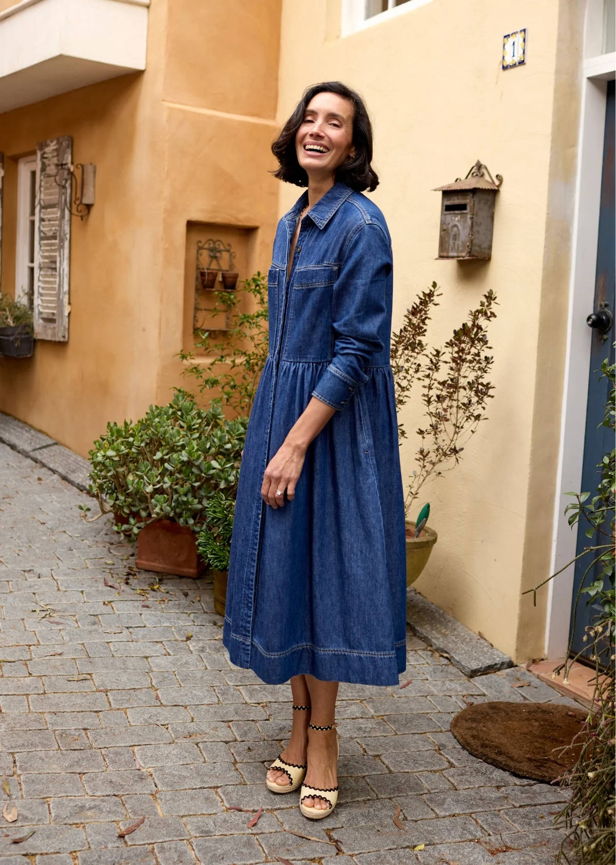 HARPER LONG SLEEVE DENIM SHIRTDRESS - MID BLUE - PETITE - Image 2