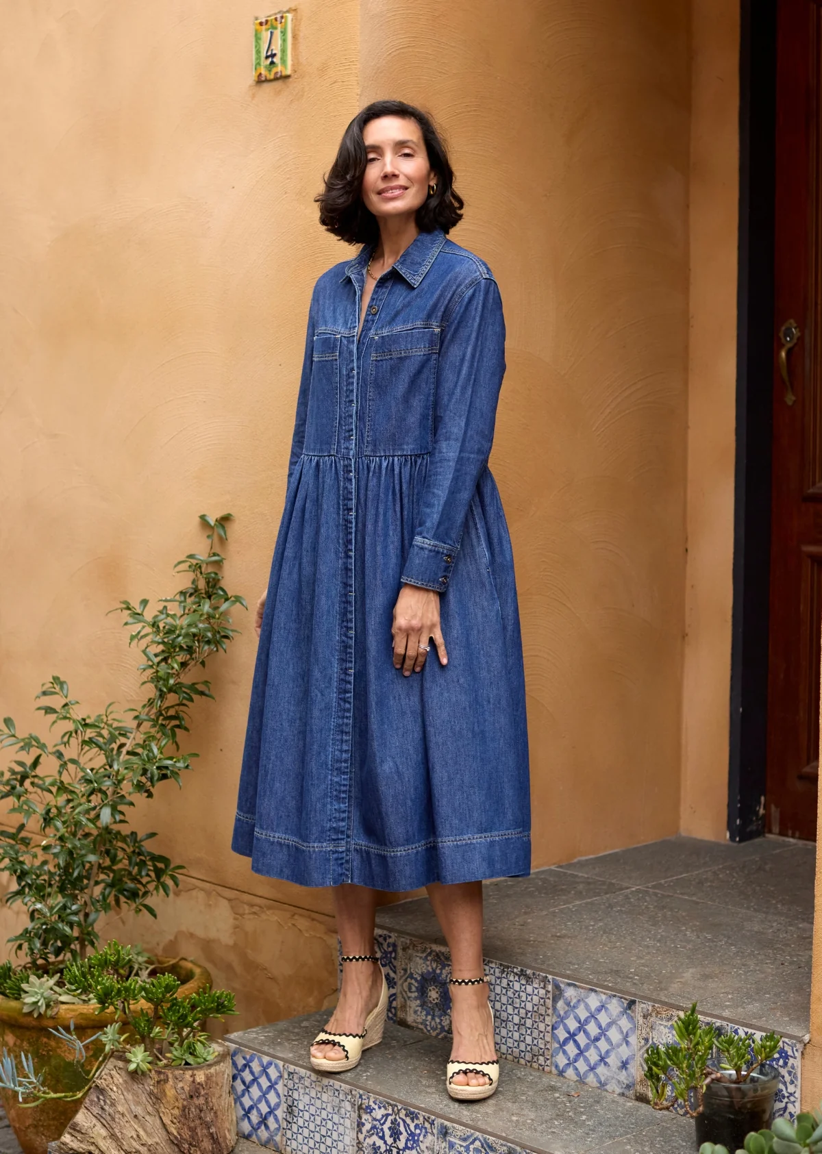 HARPER LONG SLEEVE DENIM SHIRTDRESS - MID BLUE - PETITE - Image 3